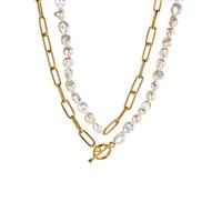 Baroque Cultured Pearl T Bar Clasp Necklace in Gold Tone Sterling Silver (8mm x 7mm)