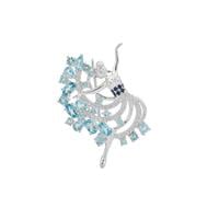 Swiss Blue Topaz, Thai Sapphire Brooch with White Zircon in Sterling Silver 3.65cts
