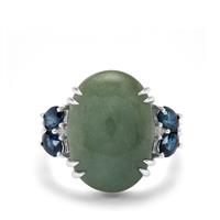 Type A Burmese Jade, Australian Blue Sapphire Ring with White Zircon in Sterling Silver 14.90cts