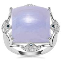 Blue Lace Agate, White Zircon Ring with Blue Diamond in Sterling Silver 14.66cts