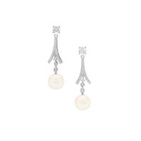 Kaori Cultured Pearl, White Topaz Earrings with White Zircon in Platinum Plated Sterling Silver 