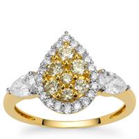 Yellow Diamonds Ring with White Diamonds in 9K Gold 1.10cts