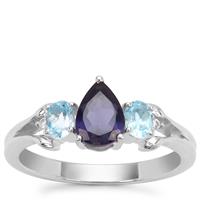 Bengal Iolite, Swiss Blue Topaz Ring with White Zircon in Sterling Silver 1.20cts