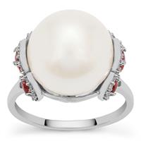South Sea Cultured Pearl, Malagasy Ruby Ring with White Zircon in 9K White Gold (13mm) (F)