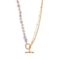 Baroque Cultured Pearl T Bar Clasp Necklace in Gold Tone Sterling Silver (7mm x 6mm)
