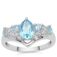 Swiss Blue Topaz Ring with White Zircon in Sterling Silver 1.60cts