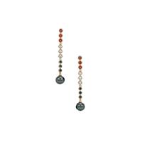 Tahitian Cultured Pearl, Songea Red, Australian Blue Sapphire Earrings with Mozambique Morganite in 9K Gold (8mm)