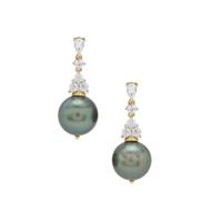 Tahitian Cultured Pearl Earrings with White Zircon in 9K Gold (13mm)