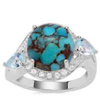 Egyptian Turquoise, Sky Blue Topaz Ring with White Zircon in Sterling Silver 6.19cts