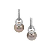 Tahitian Cultured Pearl Earrings with White Zircon in 9K White Gold (11mm)