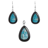 "The Nefertiti Set" Sleeping Beauty Turquoise and Black Jade with Sterling Silver Earrings & Pendant Set ATGW 37.20cts