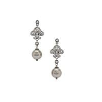 Tahitian Cultured Pearl Earrings with White Zircon in Black Rhodium Plated Sterling Silver (11mm)