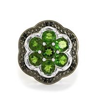 Chrome Diopside Ring with Black Spinel in Sterling Silver 5.06cts