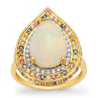 Ethiopian Opal, Multi-Colour Sapphire Ring with White Zircon in 9K Gold 5.05cts
