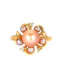 Naturally Papaya Cultured Pearl Ring with White Topaz in Gold Tone Sterling Silver