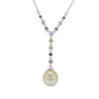 Golden South Sea Cultured Pearl Necklace with Multi Color Gemstone in Sterling Silver (12mm)