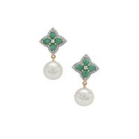 South Sea Cultured Pearl, Zambian Emerald Earrings with White Zircon in 9K Gold (10mm)