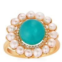 Amazonite, Kaori Cultured Pearl Ring with White Topaz in Gold Tone Sterling Silver