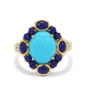 Sleeping Beauty Turquoise, Sar-i-Sang Lapis Lazuli & White Zircon 9K Gold Ring ATGW 3.95cts