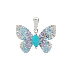 Sleeping Beauty Turquoise & Multi-Gemstone Sterling Silver Butterfly Pendant ATGW 1.70cts
