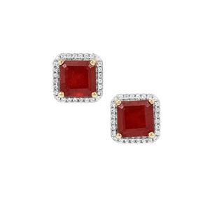 Asscher Cut Malagasy Ruby & White Zircon 9K Gold Earrings ATGW 5.35cts (F)