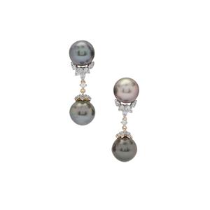Tahitian Cultured Pearl Earrings with White Zircon in 9K Gold 
