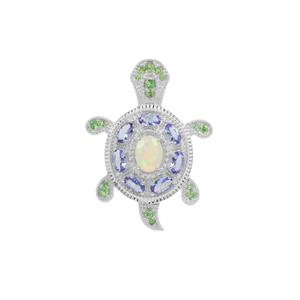 Ethiopian Opal, AA Tanzanite & Tsavorite Garnet Sterling Silver Brooch ATGW 2.60cts