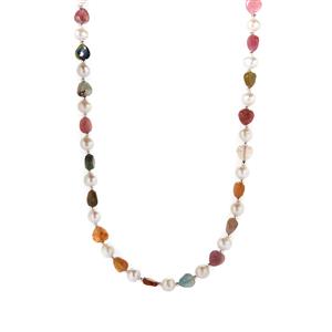 Multi-Colour Tourmaline & Freshwater Cultured Pearl Sterling Silver Necklace (7x6mm)