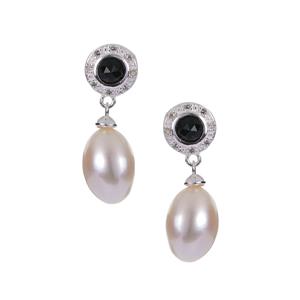 Kaori Cultured Pearl, Black Tourmaline & White Topaz Sterling Silver Earrings (11mm x 7mm)
