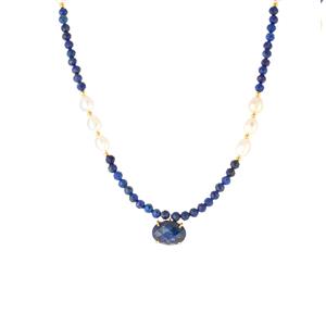 Freshwater Cultured Pearl & Lapis Lazuli Gold Tone Sterling Silver Necklace