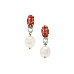 South Sea Cultured Pearl, Burmese Jedi Red Spinel & White Zircon 9K Gold Earrings (10mm)