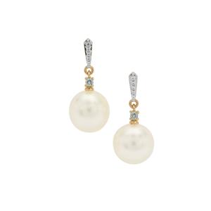South Sea Cultured Pearl, Sky Blue Topaz & White Zircon 9K Gold Earrings (10MM)
