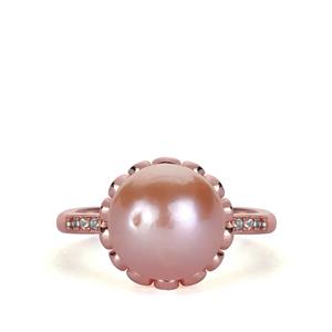Naturally Papaya Cultured Pearl & White Topaz Rose Gold Tone Sterling Silver Ring (10mm)