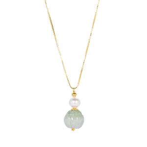 Type A Green Jadeite Lotus Flower & Kaori Cultured Pearl Gold Tone Sterling Silver Necklace