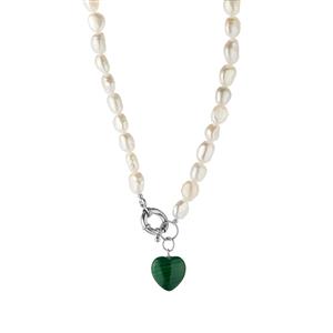 Congo Malachite & Baroque Cultured Pearl Sterling Silver Heart Necklace 