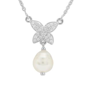 South Sea Cultured Pearl & White Zircon Sterling Silver Necklace (7MM)
