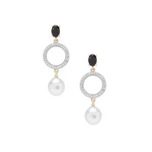 South Sea Cultured Pearl, Black Spinel & White Zircon 9K Gold Earrings (8mm)