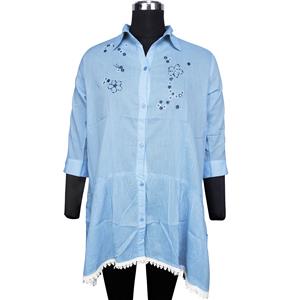 Destello Plain Dyed Embroidery Shirt Dress In 100% Cotton (Choice of 2 Sizes) (Sky Blue)