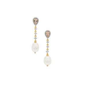 South Sea Cultured Pearl, Morganite & White Zircon 9K Gold Earrings (8mm)