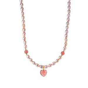 Kaori Freshwater Cultured Pearl & Strawberry Quartz Gold Tone Sterling Silver Necklace (6x7mm)