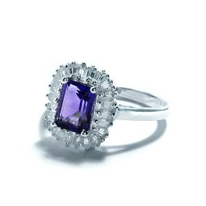 Le Beau Paon Tanzanian Amethyst & White Zircon Octagon Ring With Baguette Halo  - Amethyst: The Tanzanian Glow
