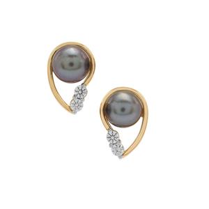 Tahitian Cultured Pearl & White Zircon 9K Gold Earrings (7mm)