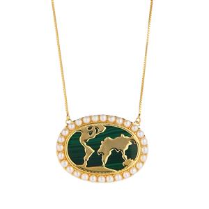 Congo Malachite & Kaori Cultured Pearl Gold Tone Sterling Silver  World Necklace 