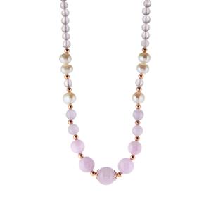 Kunzite, Rose Quartz & Kaori Cultured Pearl  Rose Tone Sterling Silver Necklace
