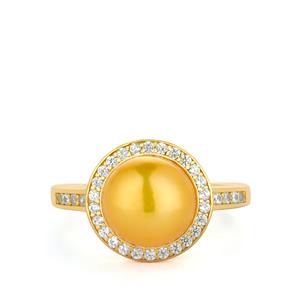Golden Cultured Pearl & White Zircon Gold Tone Sterling Silver Ring (9.50mm)