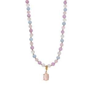 149cts Madagascan Natural Pink Quartz & Multi Gemstone Gold Tone Sterling Silver Necklace 