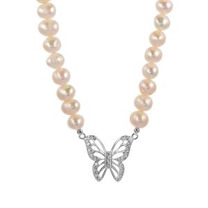 Kaori Cultured Pearl & White Zircon Sterling Silver Butterfly Necklace 