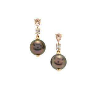 Tahitian Cultured Pearl, Pink Morganite & White Zircon 9K Gold Earrings (11mm)