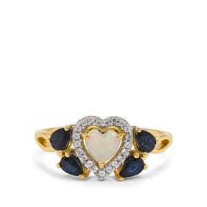 Coober Pedy Opal, Australian Blue Sapphire & White Zircon 9K Gold Ring ATGW 1ct