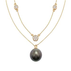 Tahitian Cultured Pearl & White Zircon 9K Gold Tomas Rae Necklace (13 MM)